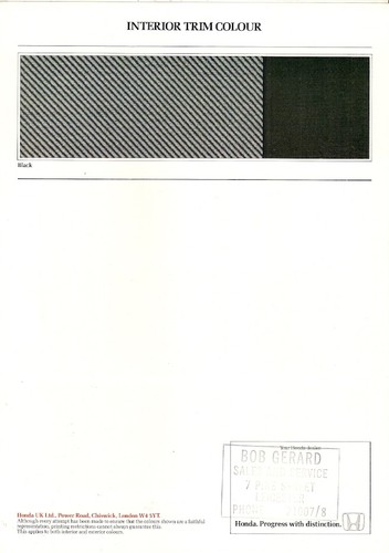 Honda Civic CRX 1.6i-16 Colour & Trim 1986 UK Market Single Sheet Brochure - Picture 2 of 2