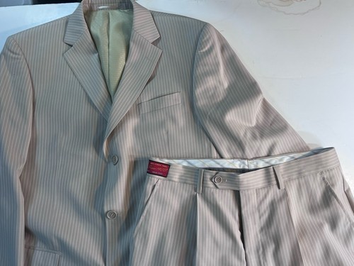 Mantoni Mens Wool Suit 44R 34x31 Tan Beige Stripe Super 140s Coat Jacket Pants
