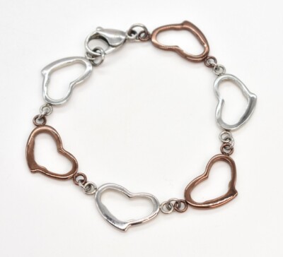 8'' Signed ''S'' Stainless Steel Silver-T & Copper-T Heart Links Chain Bracelet