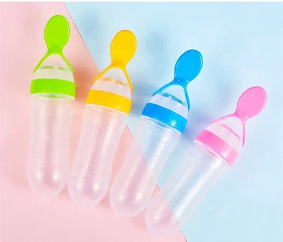 US Baby Silicone Squeeze Feeding Bottle w/Spoon Food Self-stand Feeder  3oz/90ML