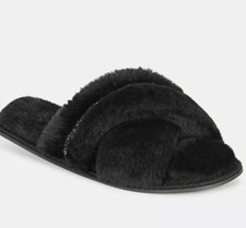 NEW International Concepts Faux Fur With Silver Crossband Fuzz Slippers, Med 7-8