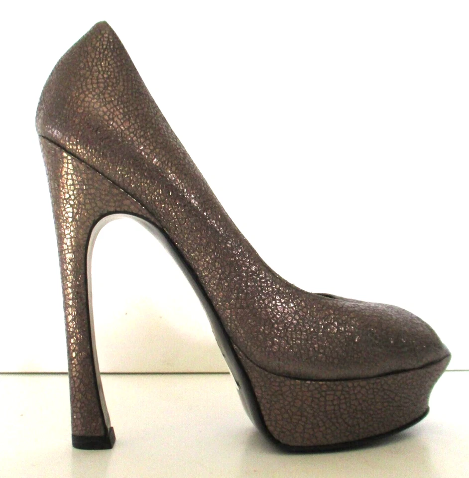 Zapatos de tacón YSL Yves Saint Laurent cuero bronce metálico 39 mujer peep-toe Foto 4 de 4