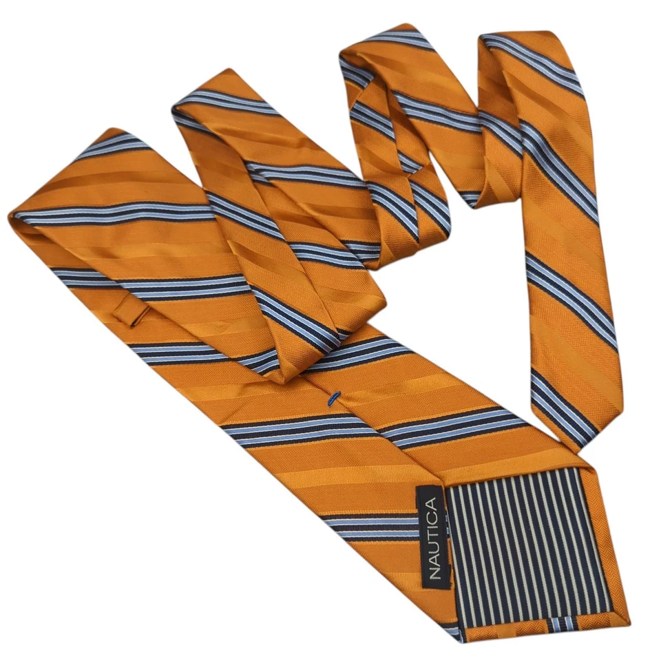 Corbata para hombre Nautica a rayas de seda naranja azul rayas espiga preppy 57,5"x3,5" Foto 2 de 4