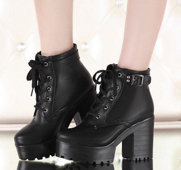 2016 Womens chunky heel platform lace-up punk goth creeper ankle boots  shoes