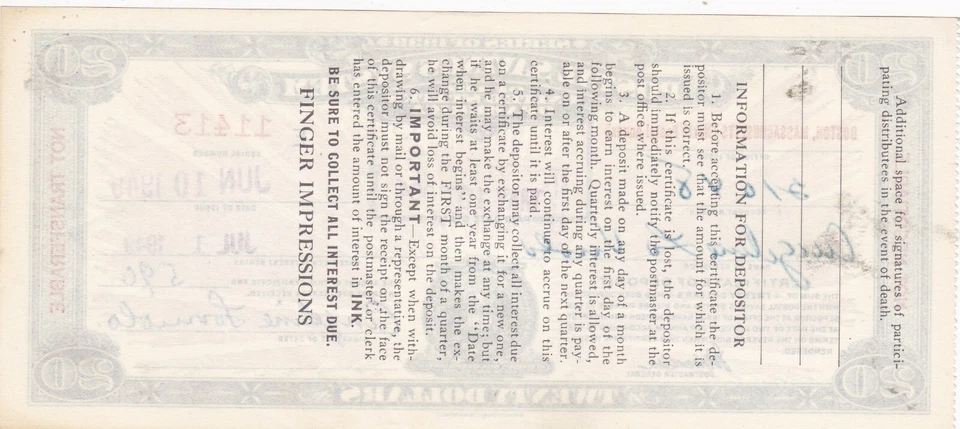 $20 SERIES OF 1939 POSTAL SAVINGS SYSTEM CERTIFICATE PAID BOSTON MA   W5177 - Image 2 of 2