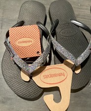 Havaianas Girl  s Black Flip Flops Metallic Silver Rainbow Glitter 31-32 NWT