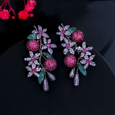 Women Elegant Black Gold Plated Cubic Zircon Flower Earrings Drop Dangle Jewelry