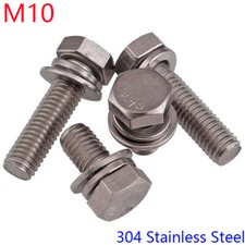 M10 - 1.5 304 Stainless Steel SEM Hex Head Bolts+ Flat / Spring Washers Screws