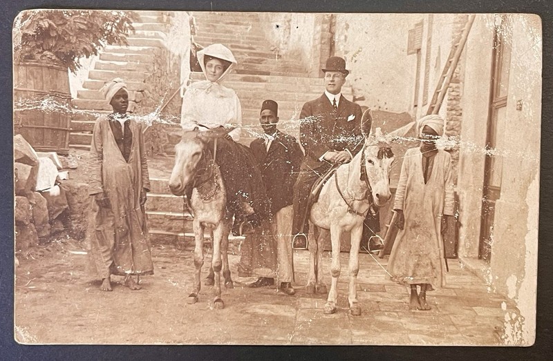 Antique 1910’s Edwardian Couple Riding Donkeys In Cairo Egypt RPPC Postcard