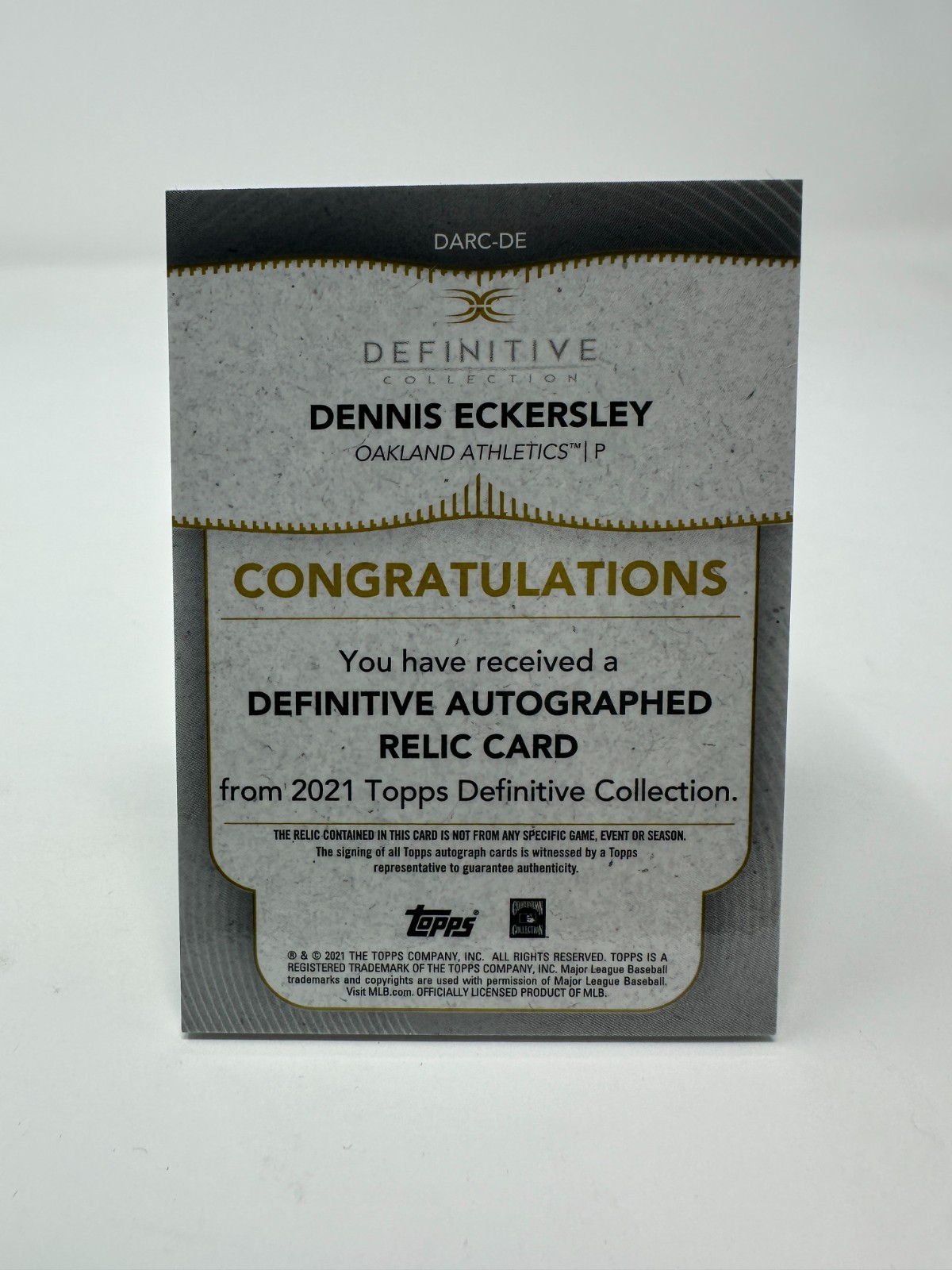 2021 Topps Definitive Dennis Eckersley Auto Relic 03/50 Athletics Game Used view 2