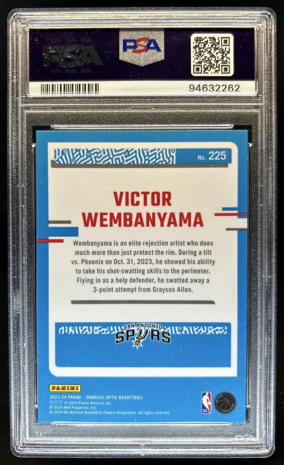 2023-24 Panini Donruss Optic Victor Wembanyama RC Rated Rookie #225 Spurs PSA 10 view 2