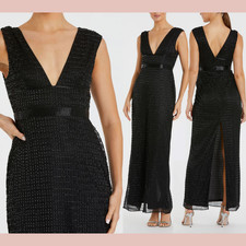 NWT $598 Mac Duggal [ 8 ] 5625 Beaded Cap Sleeve V Neck Column Gown Black #S1158