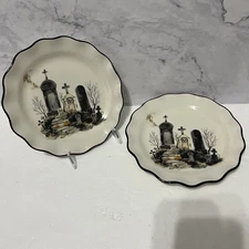 Set of 2 Potters Studio Halloween Salad Plates  Graveyard Ghosts Tombstones
