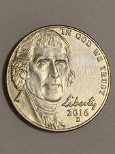 2016-D Thomas Jefferson Nickel 5 Cent Coin.