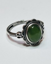 Vintage Style 925 Sterling Silver Natural Green Jade Ring