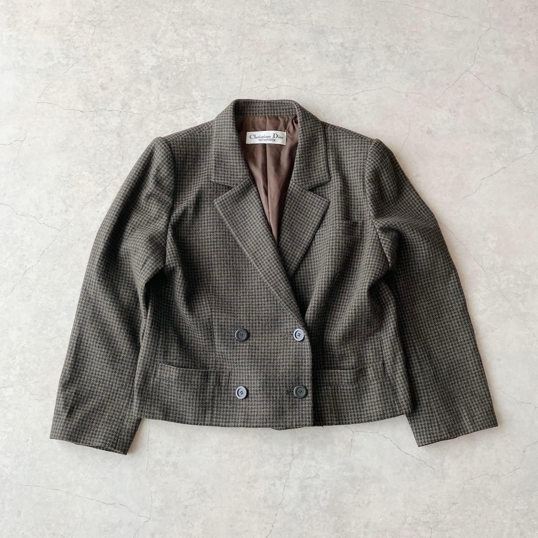 Christian Dior Jacket 90s Double Breasted Short Length Brown Houndstooth