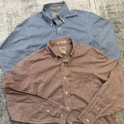 LL Bean Shirt Men Small LOT OF 2 Blue Red Houndstooth Wrinkle Free Classic Basic