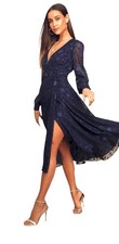 Lulus Evening of Elegance Wrap Midi Dress Size S Navy Blue NWT Dressy