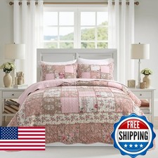 NEWLAKE Quilt Set Queen Size, Cotton Patchwork Pink Floral Quilt Sets, Real