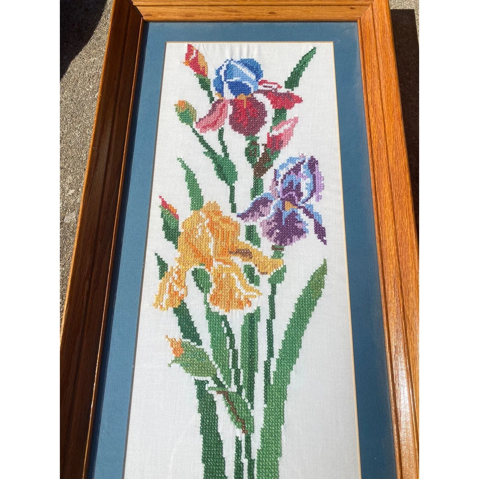 2 decoraciones de arte de pared bordadas florales MCM de colección hechas a mano arte de pared casa de campo Foto 3 de 4