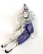 Vintage Porcelain Pierrot Clown Doll – 16” Harlequin Jester - Purple Satin