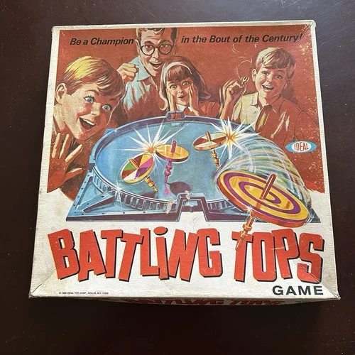 VINTAGE 1968 BATTLING TOPS IDEAL FAMILY BOARD GAME 5 TOPS 4 PULLERS & 2 PEGS Fun