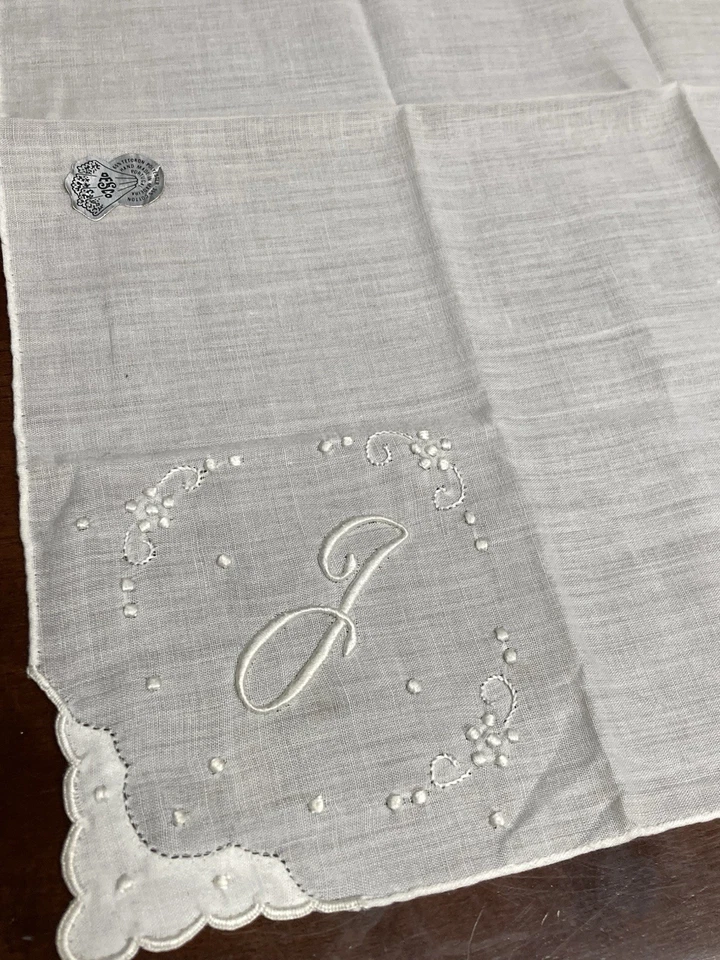 Antigo Lenço de Casamento Branco Nupcial Desco Portugal Monograma “J” Tetoron Poli - Imagem 2 de 4