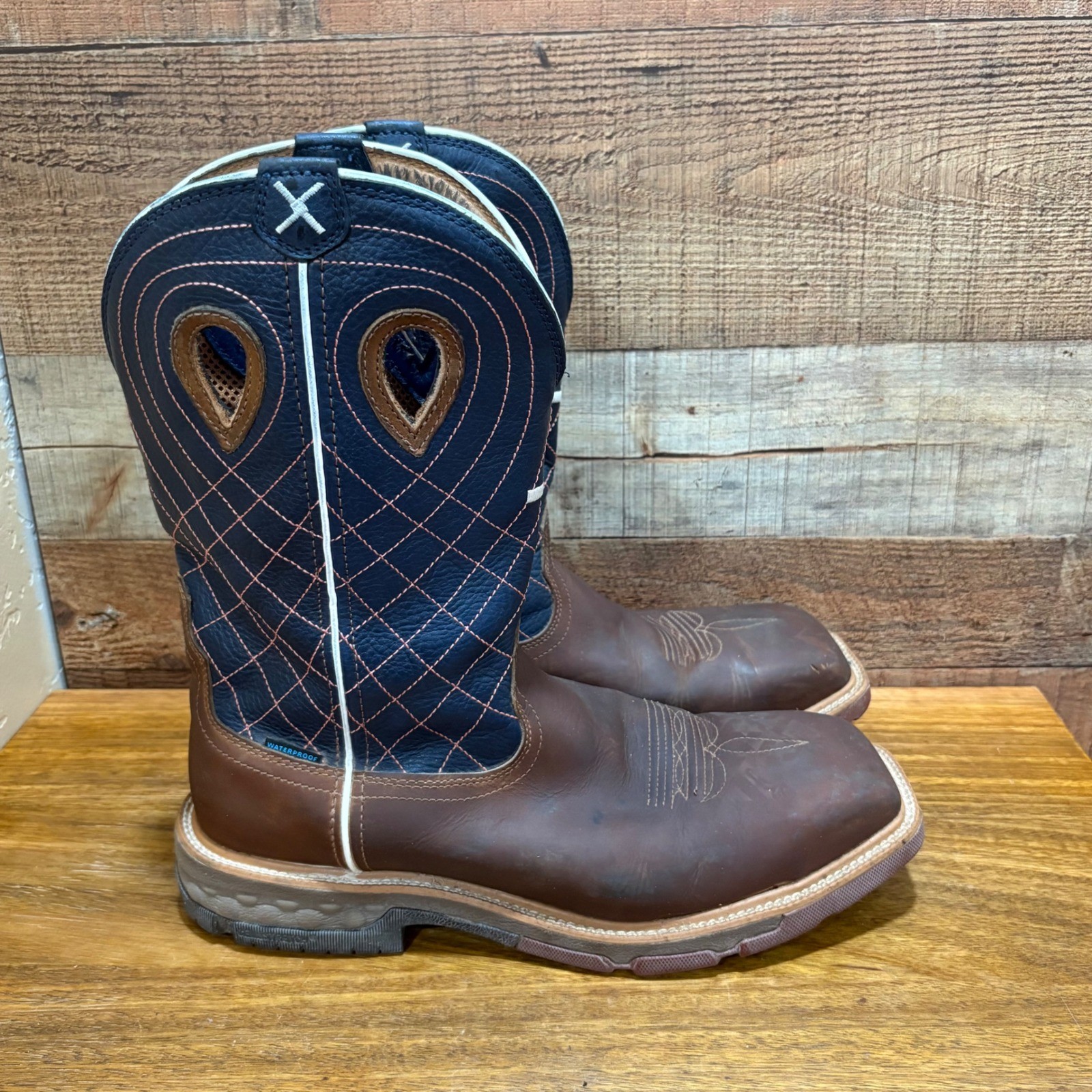 S 11.5d Mocha Navy Leather Alloy Toe Waterproof Work Boots