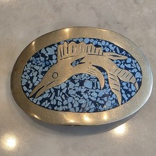 Vintage Mexican Sailfish Alpaca Silver Turquoise Chip Inlay Belt Buckle