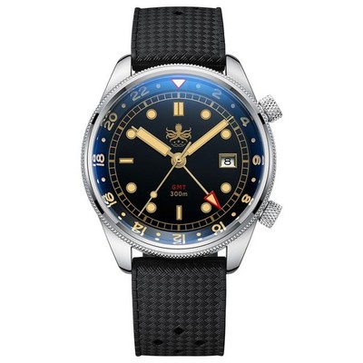 Phoibos EAGLE RAY GMT 300M Stahl Quarz Schwarz Diver Silikon Datum Herrenuhr