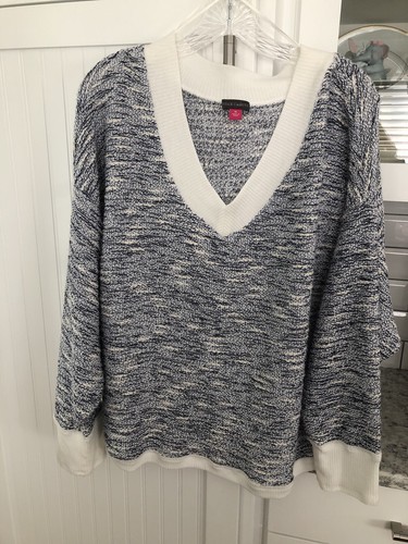 Vince Camuto Blue,White, Silver Marled V Neck Sweater XL Poly BL Stretch NWT - Picture 3 of 14