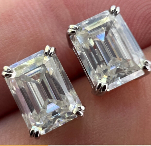 4.00Ct Emerald Cut Real Moissanite Solitaire Stud Earrings 14k White Gold Plated - Picture 1 of 5