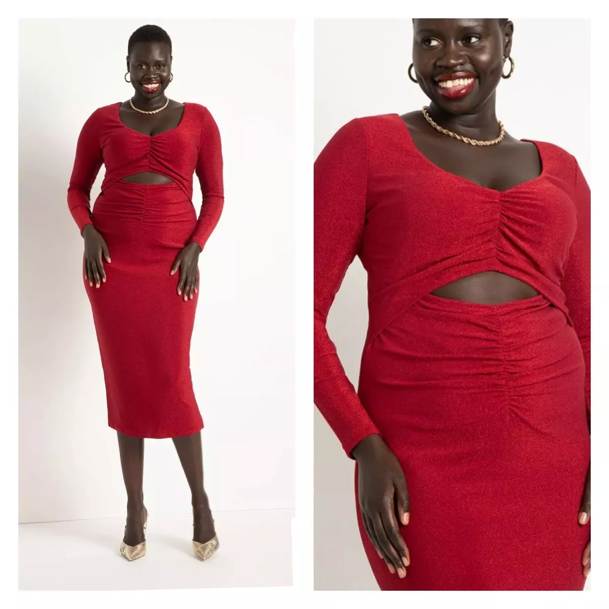 Eloquii Lurex Knit Cutout Bodycon Midi Dress Red Metallic Size 16