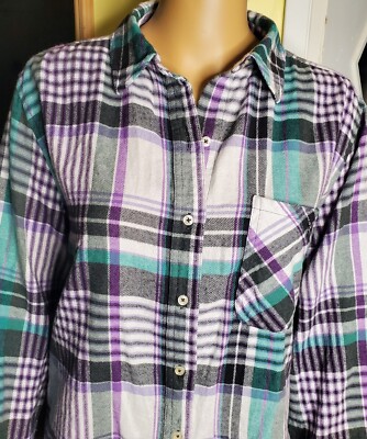 I LOVE H81 PLAID MULTICOLOR FLANNEL BUTTON DOWN SHIRT WOMAN SZ S COTTON
