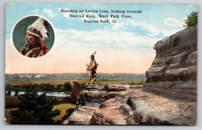 Native American on Lovers Leap Starved Rock Illinois IL 1920 Postcard