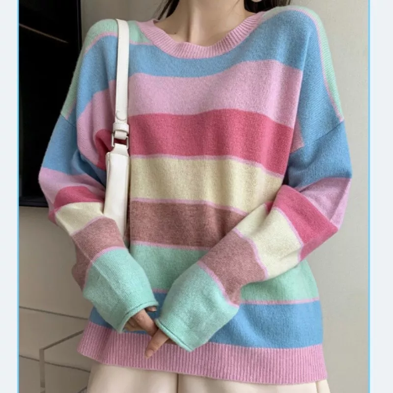 Lady Rainbow Striped Sweater Jumper Multicolor Pullover Knitwear Tops Casual