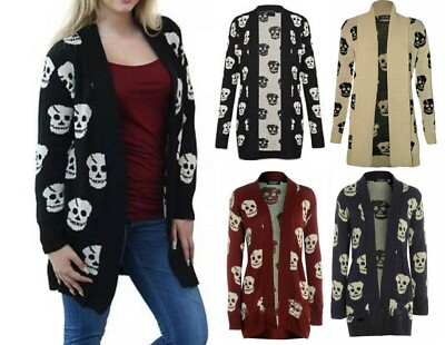 Women Ladies Halloween Skeleton Skull  Print Open Front Knitted Cardigan