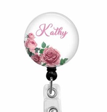 RN LVN Nurse Personalized Badge Reel ID Holder With Pretty Pink Roses, T90