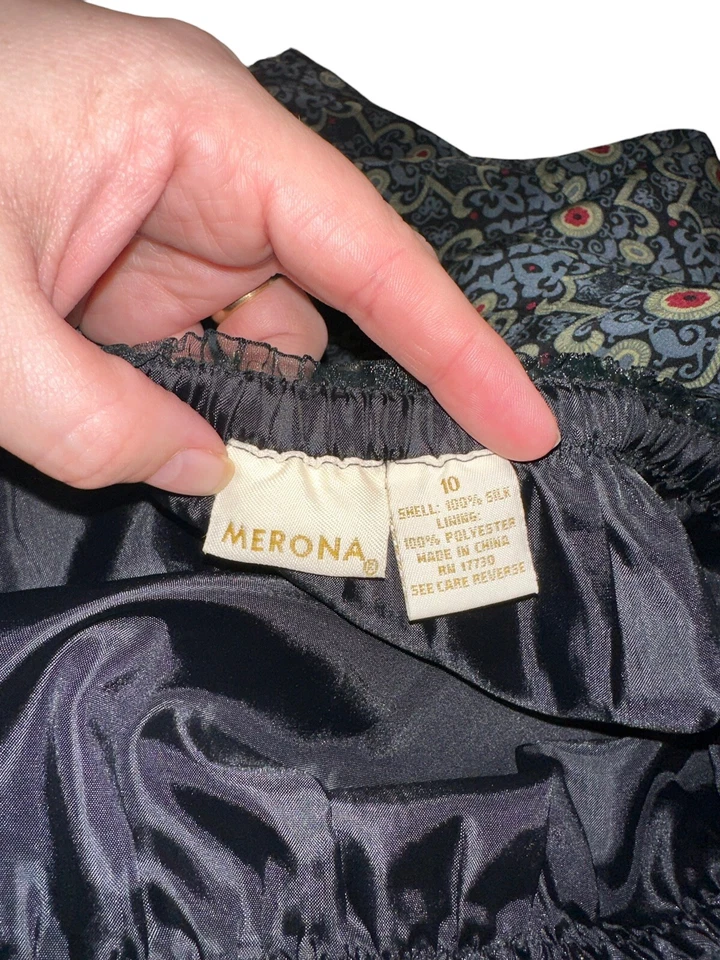 Falda de seda vintage Y2K Merona talla 10 verde marino desplazamiento geométrico Foto 3 de 4