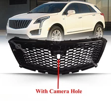Front Upper Grille For Cadillac XT5 2017-2021 Diamond Gloss Black W/ Camera Hole