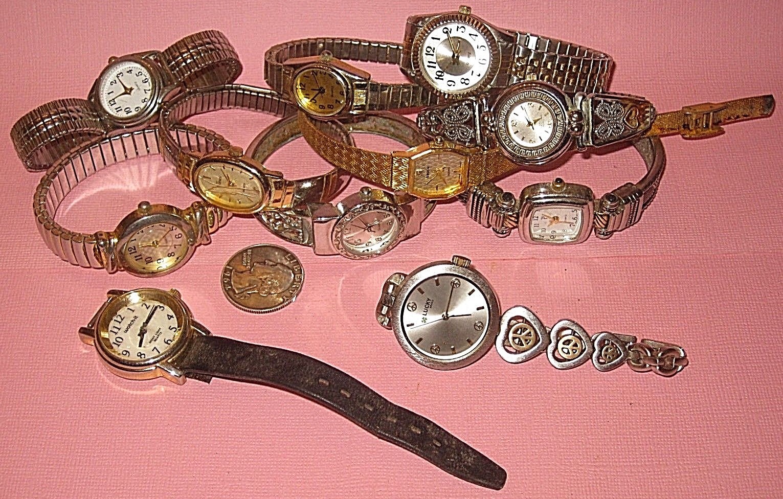 LOT 11 VTG JAPAN QUARTZ LADIES WRIST WATCHES GRUEN LUCKY BERGER WATCH