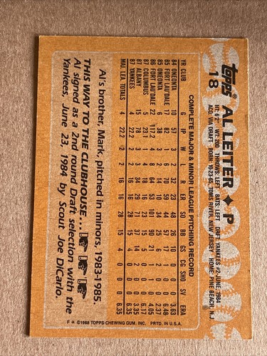 1988 Topps Future Stars Al Leiter Error New York Yankees 18 Rare 