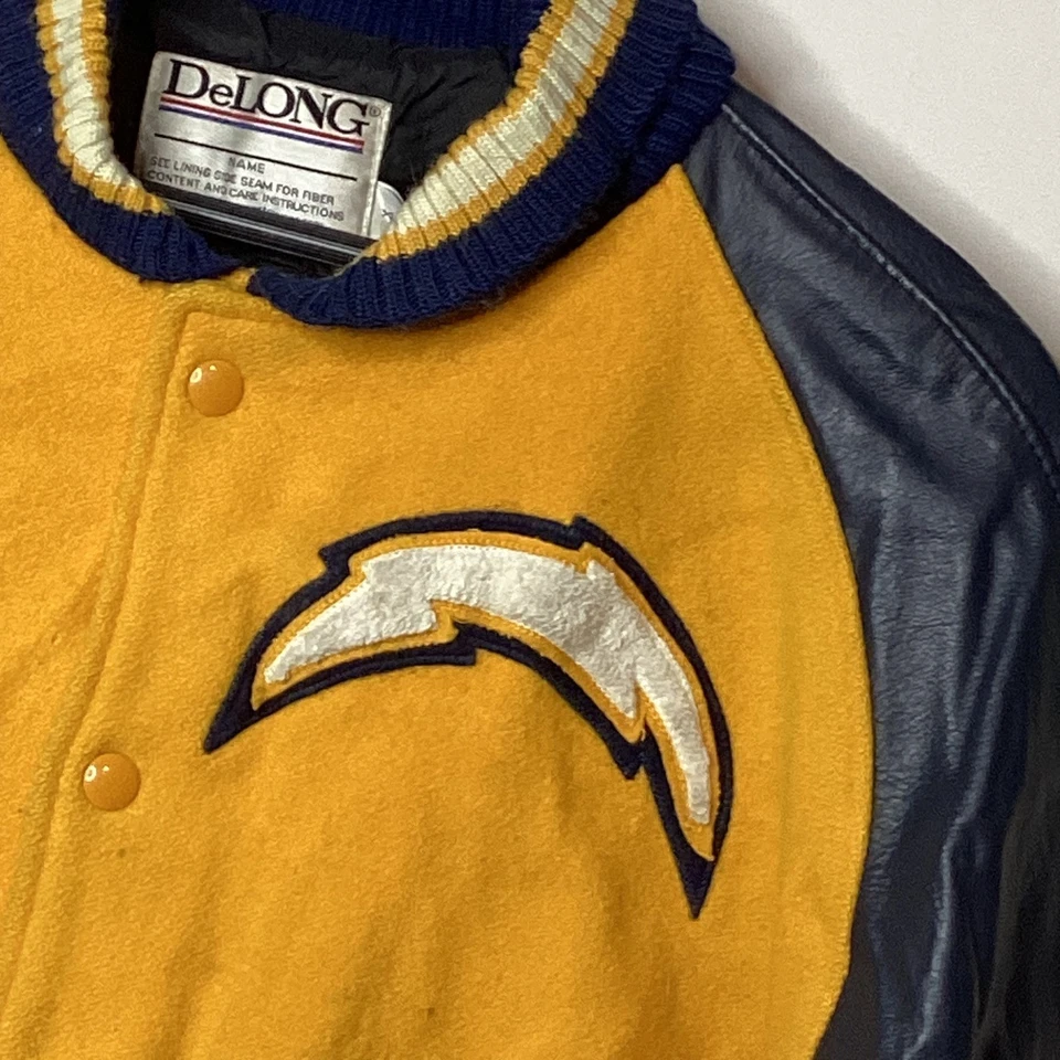 De Colección DeLong Para Hombres Los Angeles Chargers Chaqueta Universitaria Lana Cuero NFL Fútbol Foto 4 de 4
