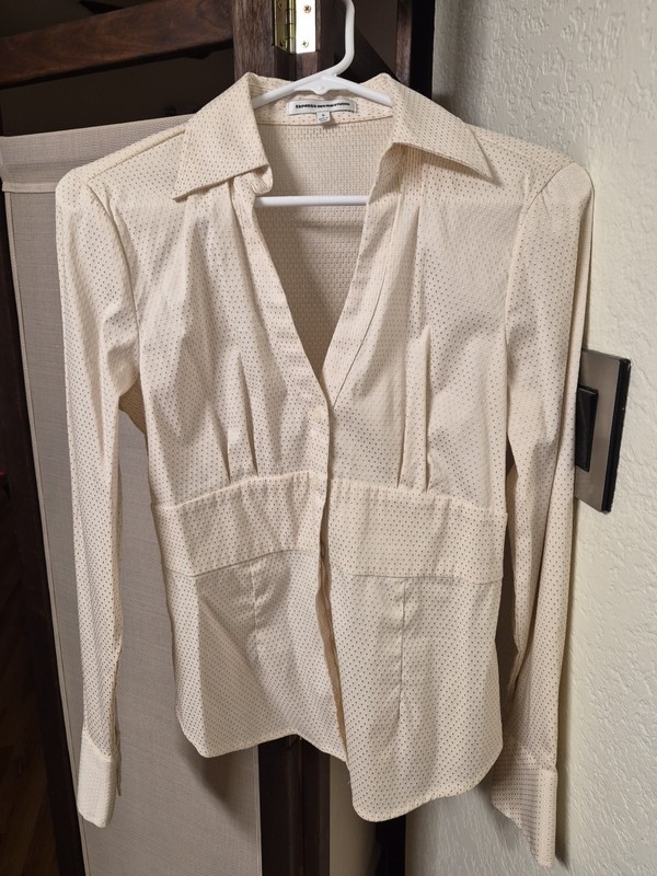 Women's Ivory Gold Dot Tailored Button Down Blouse Small Long Sleeve