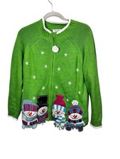Tiara International Size L Green Christmas Sweater Snowmen Embellished Zip Front