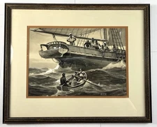Maritime Watercolor by W N Wilson Sailing Ship and Sailors 18x22” Framed Art