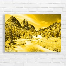 Majestic Mountain River In Serene Landscape Yellow Canvas Print Large Picture