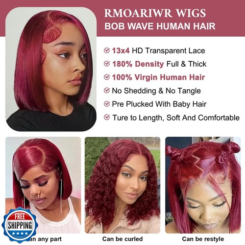 RMOARIWR 99j Burgundy Bob Perücke Echthaar 180% Dichte 13x4 HD Transparent Lac - Bild 4 von 5