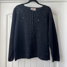 Vtg Tiara International Women  s Black Embroidered Ramie Cotton Knit Cardigan L