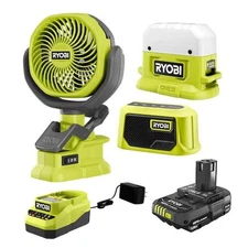 Ryobi ONE+ Camper's Kit. Bluetooth Speaker, Light, Clamp FAN Battery & Charger